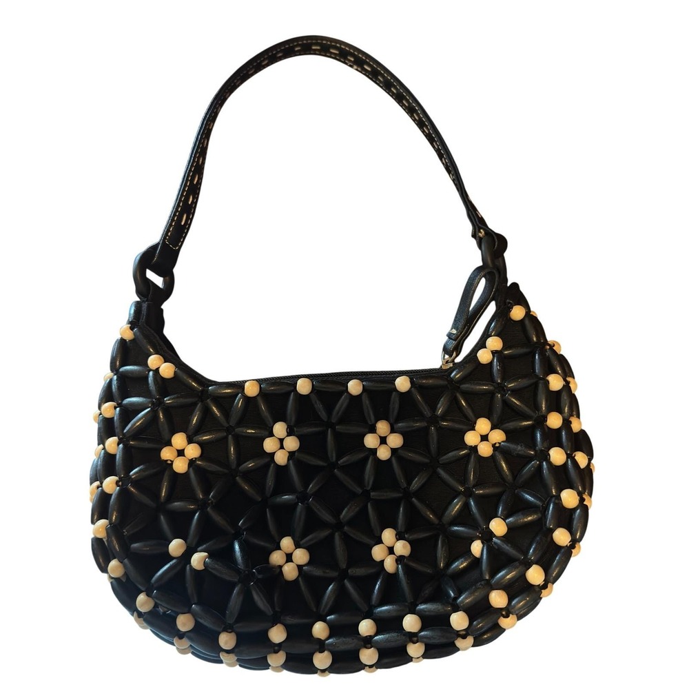 Nine West Beaded Hobo Bag Vintage Y2K Black Cream Wood Bead Shoulder Purse Small